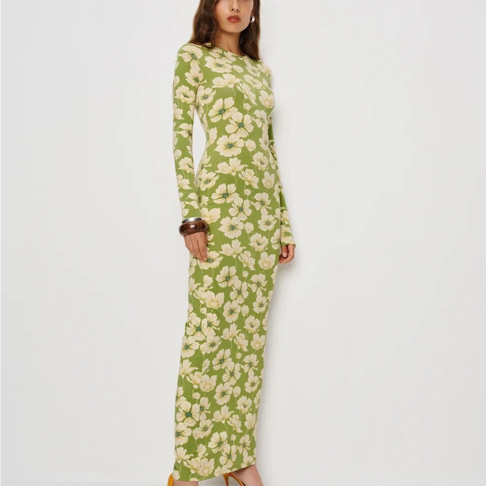Reformation Green Floral Maxi Dress with Cream Flowers